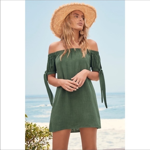 LULU’S Al Fresco Evenings Olive Off The Shoulder Dress - Picture 1 of 4